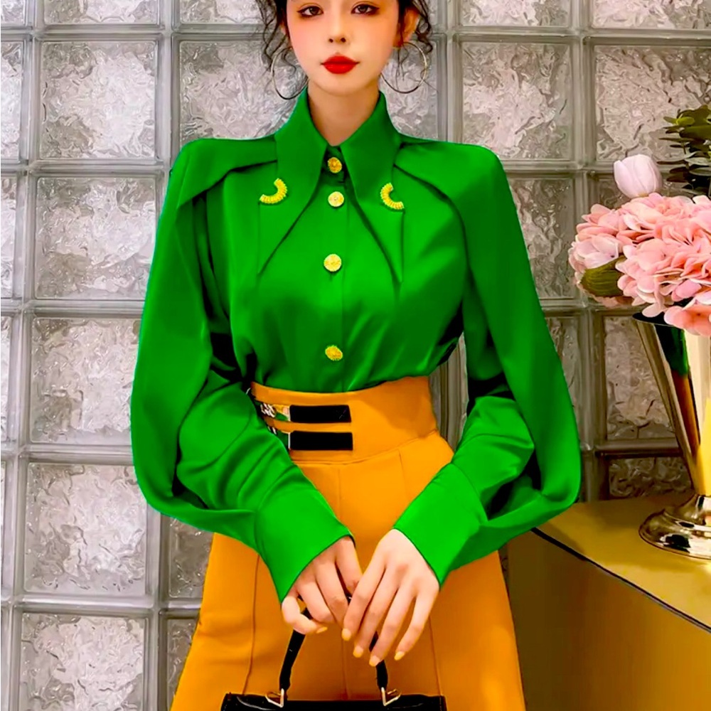 Female Simple Pointed Collar Acetate Satin High-Grade Elegant Shirt Women